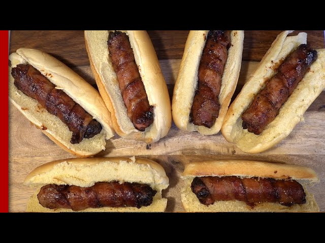 Air Fryer Bacon Wrapped Hot Dogs with BBQ Sauce