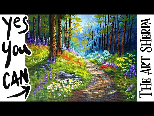 Floral Summer Forest path 🌟🎨 How to paint acrylics for beginners: Paint Night at Home