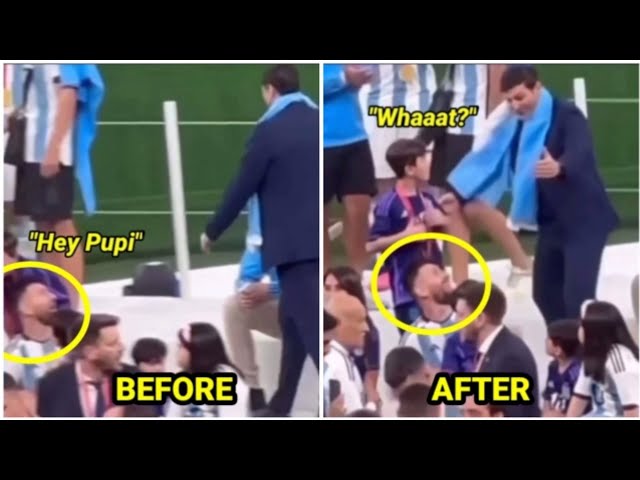 Lionel Messi surprises Javier Zanetti during Argentina's victory over France