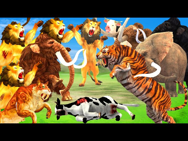 10 Lion Vs Elephant Fight Giant Tiger Attack Cow Cartoon Buffalo Saved by 10 Woolly Mammoth Animal