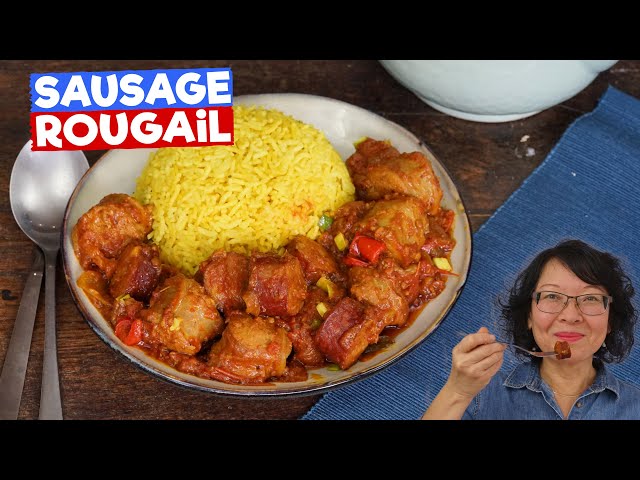 Sausage Rougail, emblematic dish of Réunion Island with tomatoes & chilies! + Turmeric basmati rice
