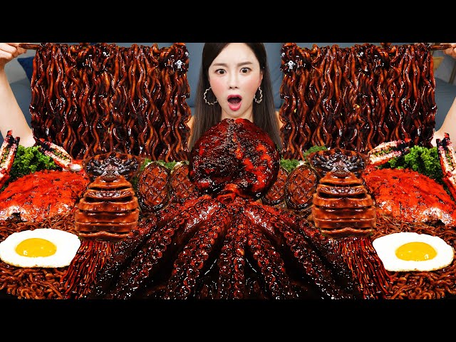 [Mukbang ASMR] Jjajang Octopus 🐙 Abalone Squid Enoki Mushroom Seafood Recipe Mukbang ASMR Ssoyoung