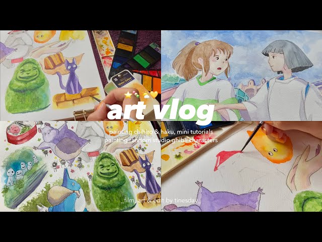 art vlog 🍡🎨 watercolor painting chihiro & haku, random studio ghibli characters painting process⭐️