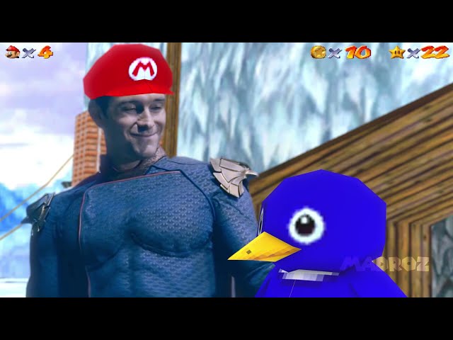 The Homelander pushes the penguin in mario 64