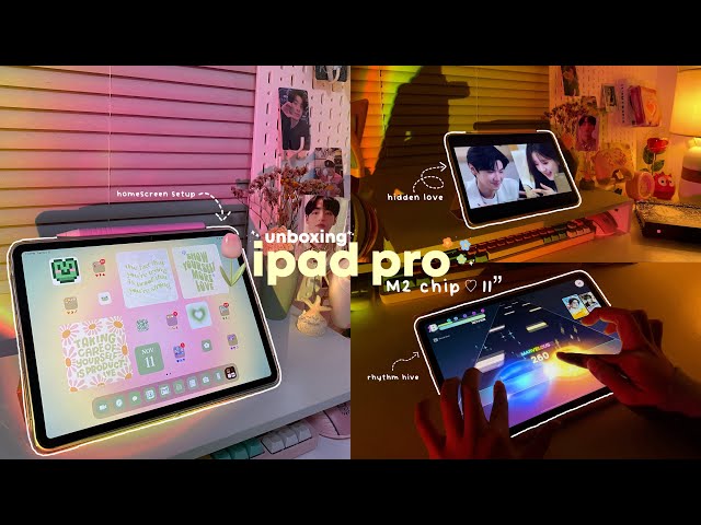 🍎 ipad pro m2 chip 11” silver [ 128gb ] aesthetic unboxing + homescreen setup ♡