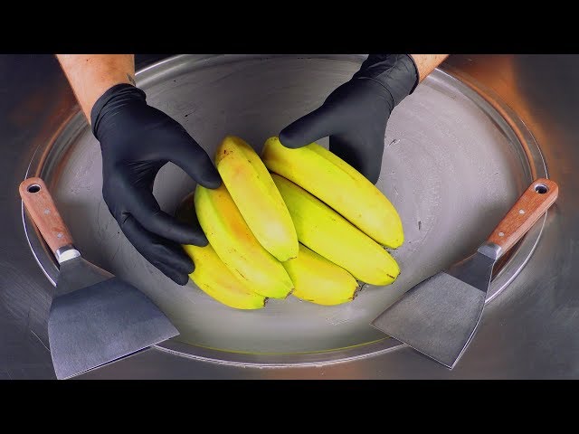 ASMR - Banana Ice Cream Rolls | how to make oddly satisfying rolled Ice Cream with Bananas - Food 4k