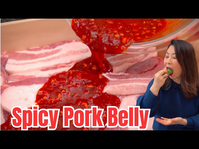 🌶SPICY Korean BBQ Pork Belly Recipe: MOIST Gochujang Pork Belly MELTS in your mouth 입에서 녹는 매콤한 삼겹살구이