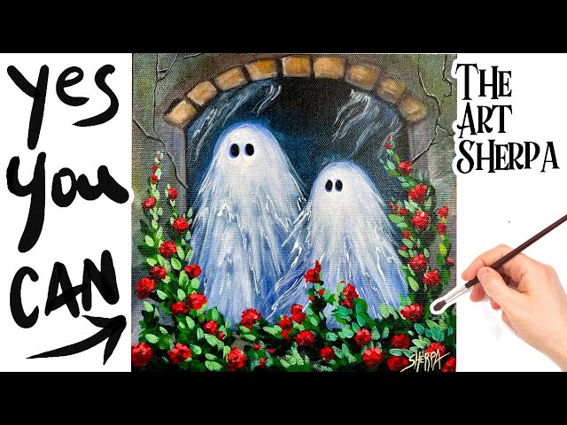Cute Ghosts in a Garden Window 🌟🎨 How to paint acrylics for beginners: Halloween Paint Night at Home
