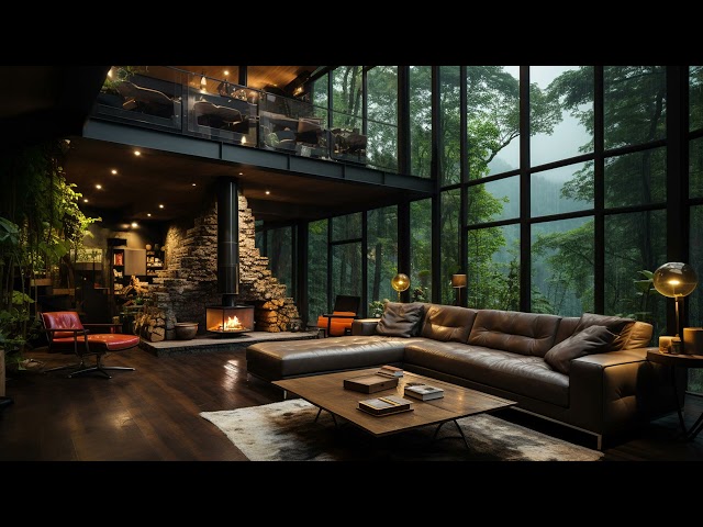 Cozy Living Room 🎶 Relaxing Instrumental Jazz Music with Fire & Rain Sound for Study, Focus, Work