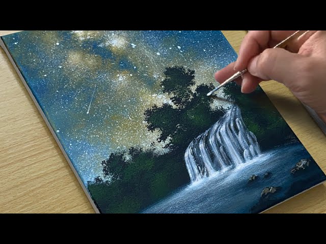 How to Draw a Waterfall under the Milky Way / Acrylic Painting for Beginners