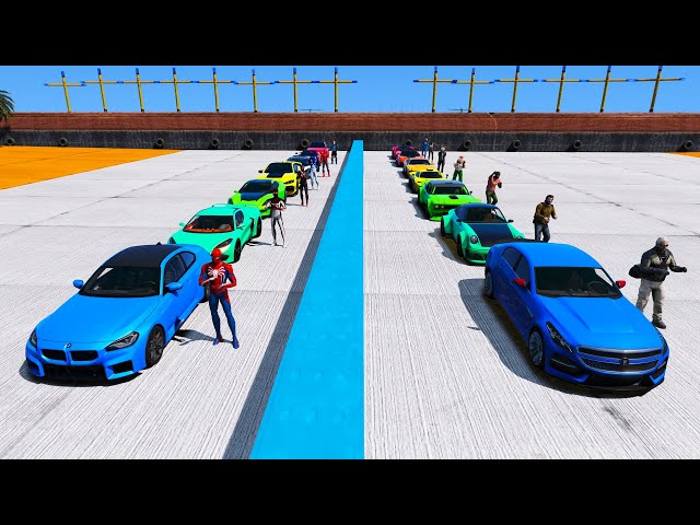 Drag Race Sport Cars on Stunt GTA V mod Spidermans Team vs Trevor team BMW cars vs GTA 5 cars