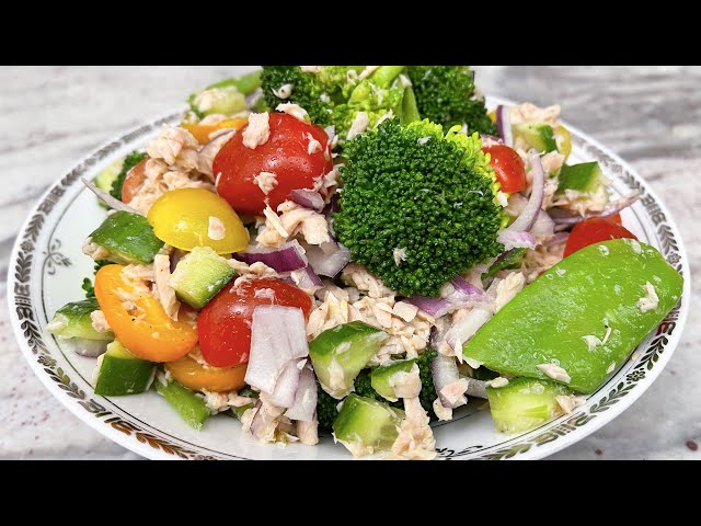 Delicious broccoli and tuna salad. Perfect salad with inexpensive ingredients. ASMR