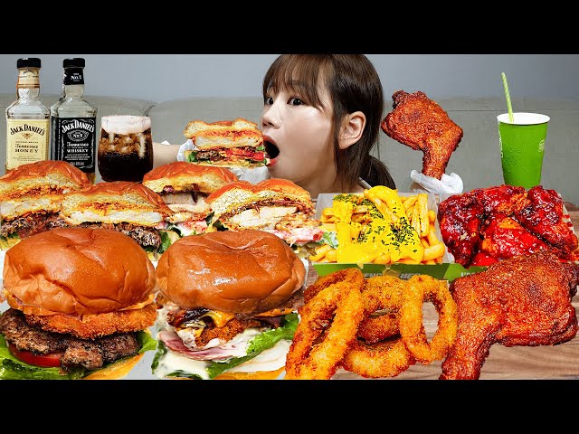 Sub)Real Mukbang- Beef Shrimp Burger 🍔 Chicken, Cheese French Fries 🍗 Jack Coke 🥤ASMR