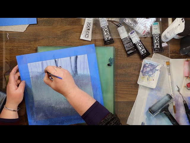 Abstract landscape using a gelli plate and a stencil - time lapse