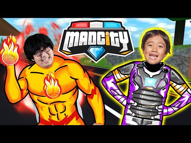 RYAN HAS A NEW HERO SUIT IN MAD CITY ROBLOX ! Let's Play Ryan Vs Daddy