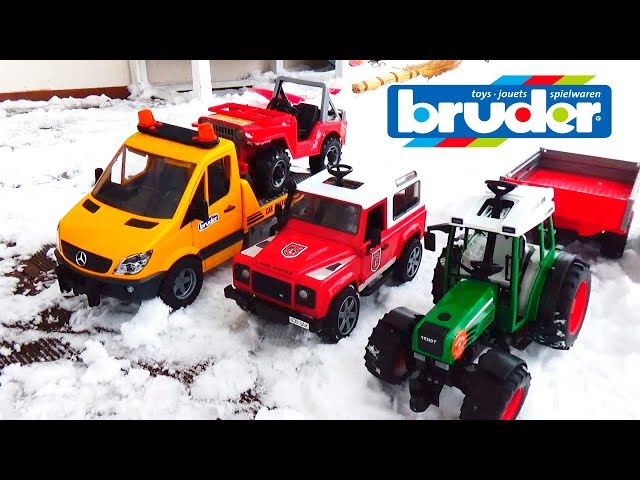 Cars videos for Children with Tractor truck Tow Truck. Snow Rescue Team Bruder Toys for kids