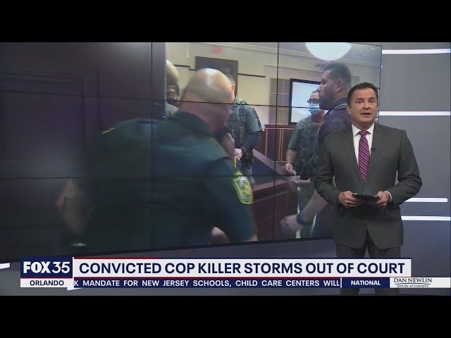 Convicted cop killer storms out of court