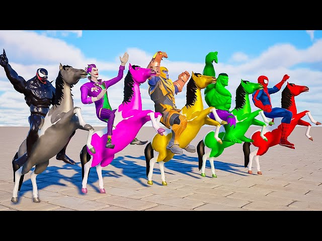 Superheroes Spiderman Horse Racing Challenge with PRO 5 SUPERHERO TEAM, Scary Teacher vs Hulk, Joker