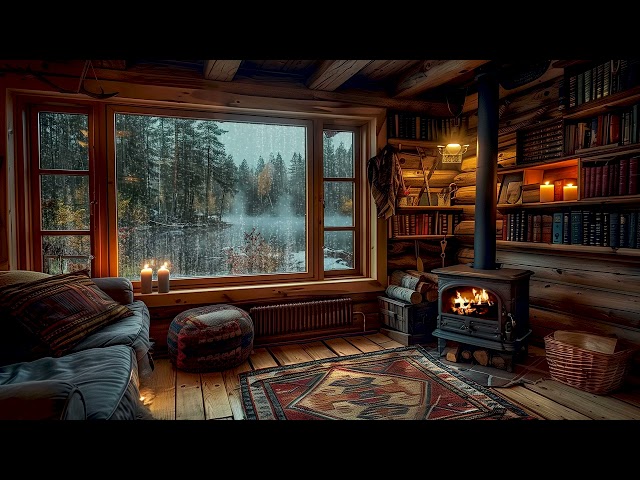 Cozy Hut Atmosphere With Heavy Rain For Sleep Hygiene| Crackling Fireplace Burning for Relief Stress