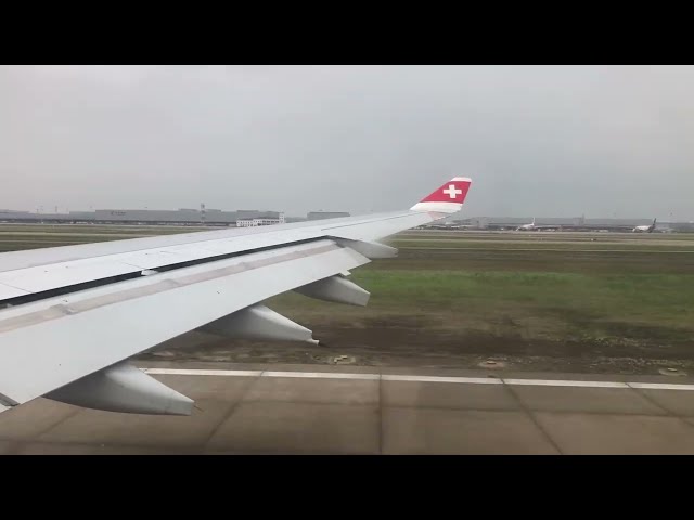 Swiss oldest A 340-300 - HB-JMA - taking off into Shanghai’s usual smog. Long way back to Zurich!