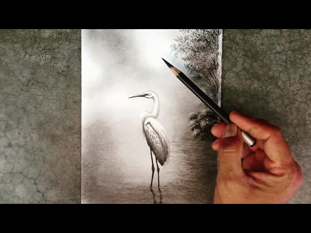 How to draw Heron landscape with easy ways by pencil.
