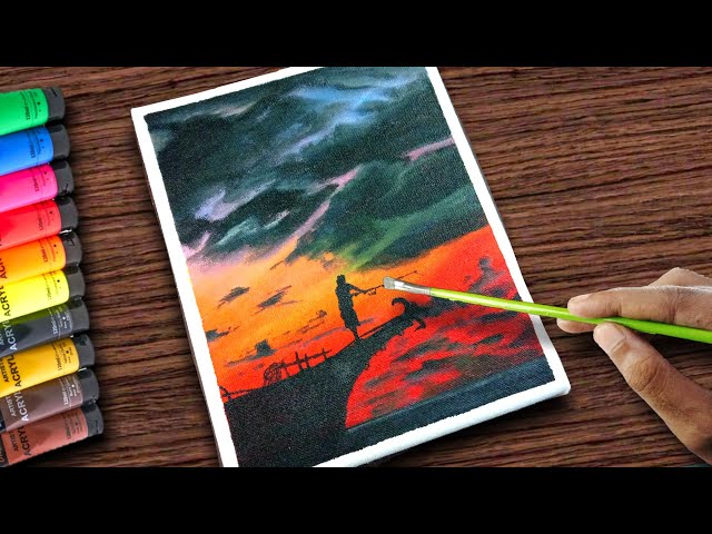 Fishing on Sunset Lake / Acrylic Painting / Easy Scenery Drawing for Beginners / Relaxing #22