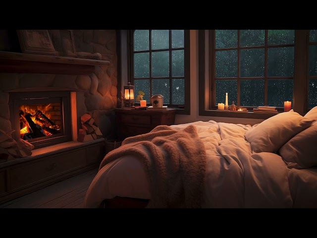 Deep Sleep with Rain and Fireplace Sounds - Cozy Bedroom Ambience for Stress Relief and Sleep Better