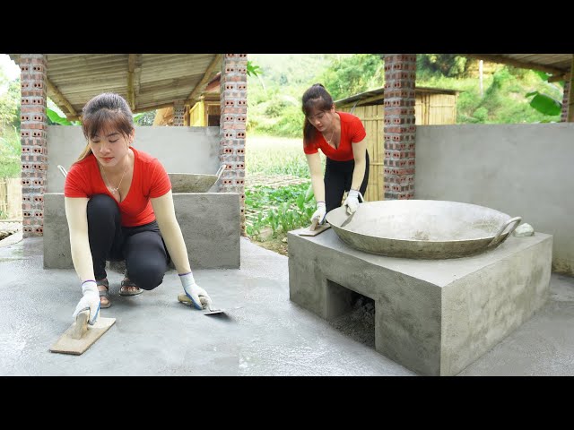 Building Kitchen Stove By Brick And Cement, Concrete Floor Strip, BUILD LOG CABIN