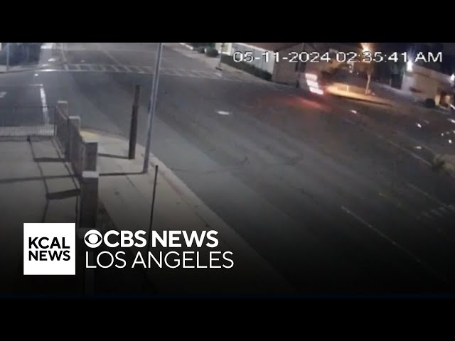 New video shows moments Tesla flies through air before slamming into building in Pasadena