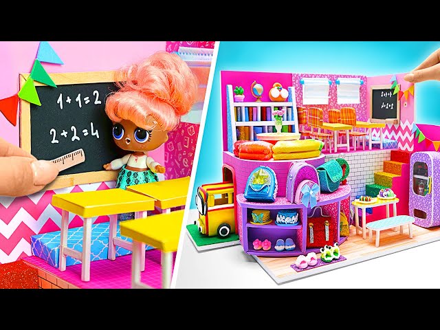 Miniaturowy projekt DIY || Szkoła z tektury dla lalek: szkolne przybory, autobus i biblioteka!