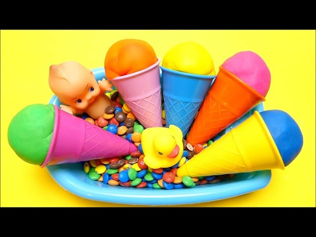 Baby in Bathtub with Play-Doh Ice Cream Cones & M&M's