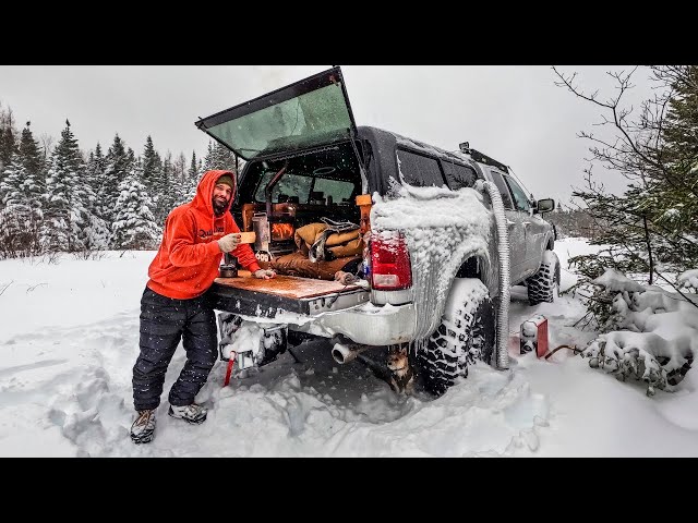 Camping In Snow Storm With Wood Stove Heated Truck Camper