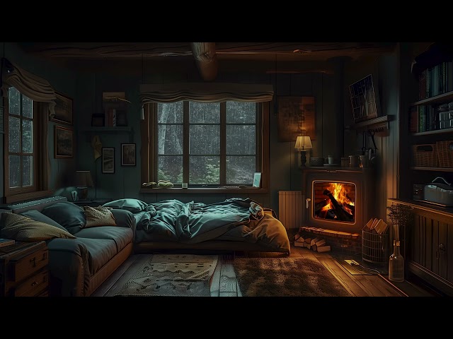Cozy Bedroom with Fireplace - Crackling Firewood Burning and Raindrops Falling Sounds for Sleep