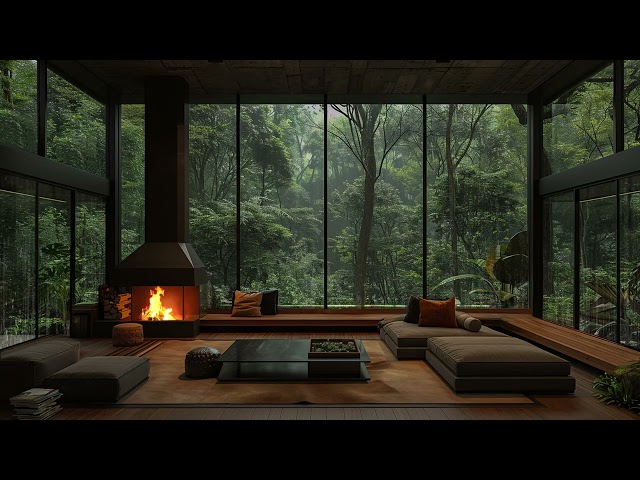 Cozy Forest Living Room with Rain and Fireplace Sound 24 Hours | Relaxing, Sleep Instantly, Unwind