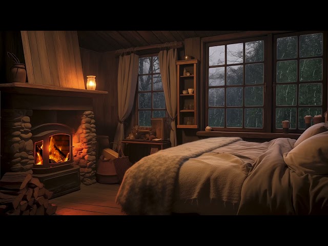 Cozy Ambience Bedroom - Fireplace ASMR and Rain Sounds on Window for Relief Tinnitus & Sleep Better