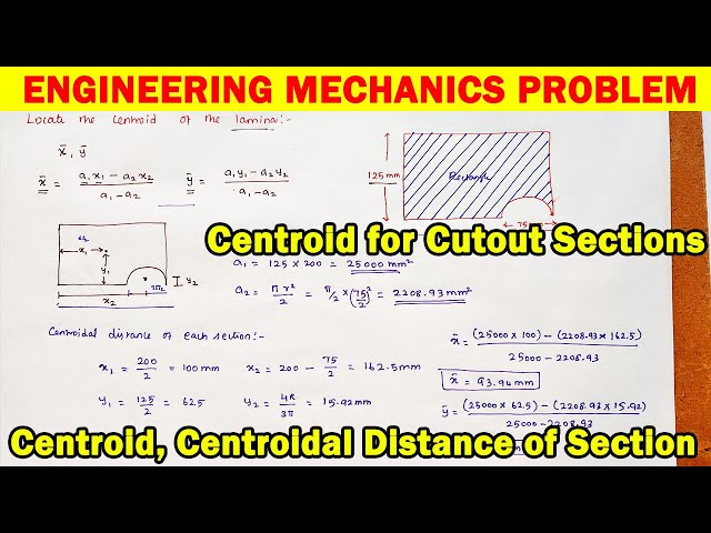Engineering mechanics solved problem, centroid for cutout section, centroidal distance, centroid