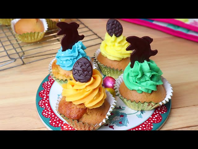 EASY CUPCAKES IF USING YOUR AIR FRYER | THIS CAKE IS DECORATED WITH BUTTERCREAM AND EASTER TOPPERS