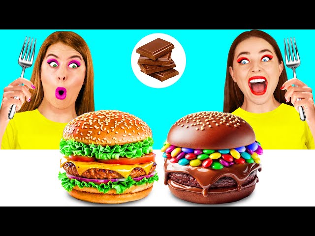 الغذاء الحقيقي مقابل الغذاء الشوكولاته التحدي | تحديات مضحكة BaRaDa Challenge