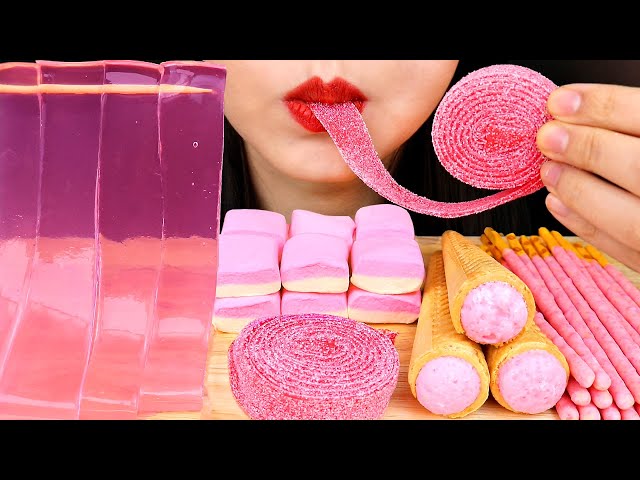 ASMR PINK JELLY NOODLES, CANDY BELT, MARSHMALLOWS, STRAWBERRY SNACK EATING SOUNDS MAKAN 핑크 디저트 먹방