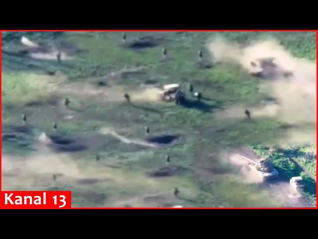 Drone footage of Russian fighters attacking with Chinese-made vehicles and infantry