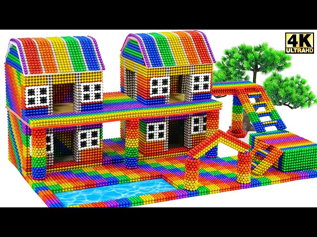 Magnetic Challenge - Build a double villa with colored stairs and a swimming pool - Magnetic Balls