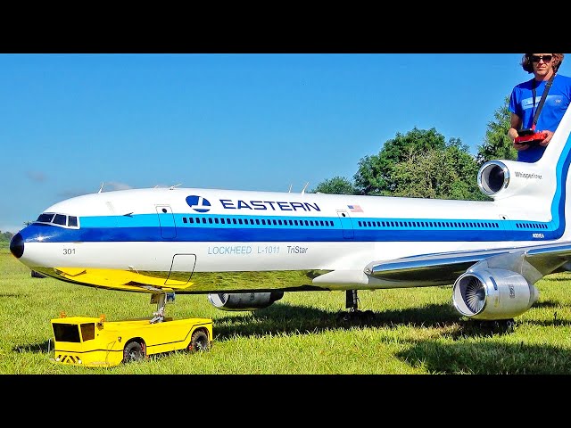 SELFBUILD XXXL RC AIRLINER L-1011 TRISTAR SCALE TURBINE MODEL WITH OWN RC TUG FLIGHT DEMONSTRATION