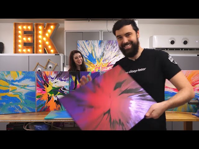 Evan shows off the spin arts he made after the video (Drill-Powered Spin Art Aftershow)