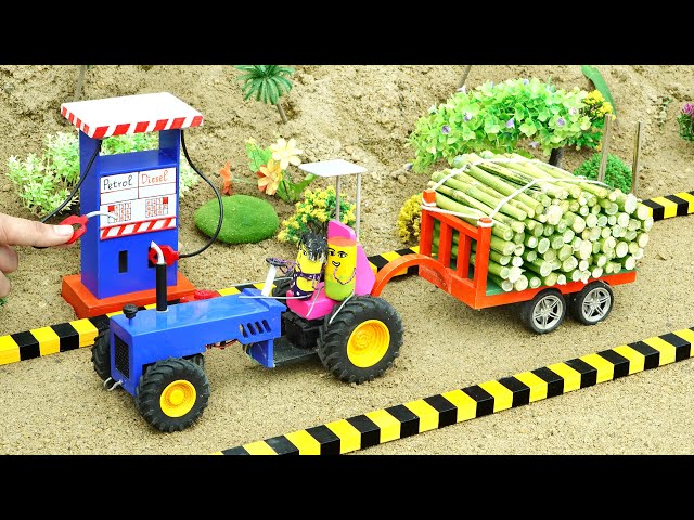 diy tractor mini petrol pump & sugarcane truck science project | dangerous tractors rescue