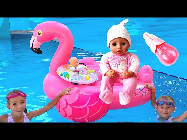 Baby Annabell and baby born dolls play in the pool and on the beach Video for kids | Magic twins