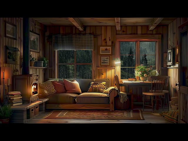 Deep Sleep in Cozy Cabin Ambience with Crackling Fireplace and Raindrops Falling on Window ASMR