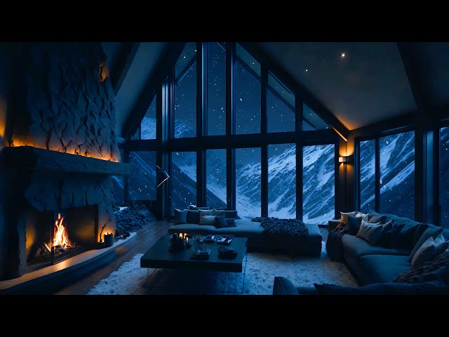 Smooth Jazz Music, Snowfall and Crackling Fireplace for Calm Room Ambience - Relaxation and Sleep