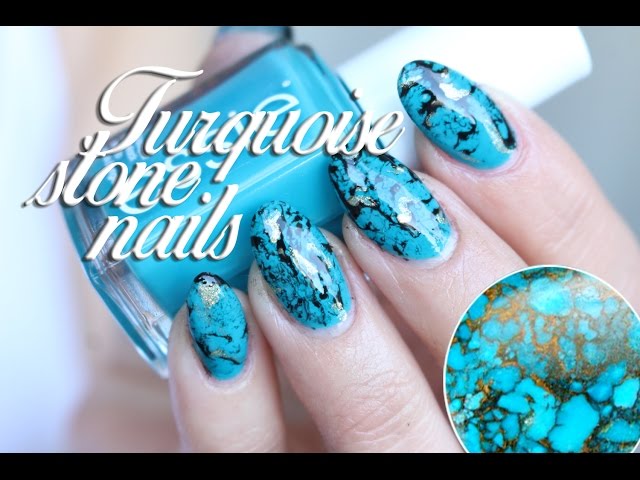 TURQUOISE STONE NAILS TUTORIAL, water marble