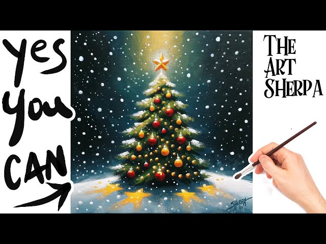 Simple Christmas TREE Step by Step Acrylic Painting on Canvas for Beginners | TheArtSherpa