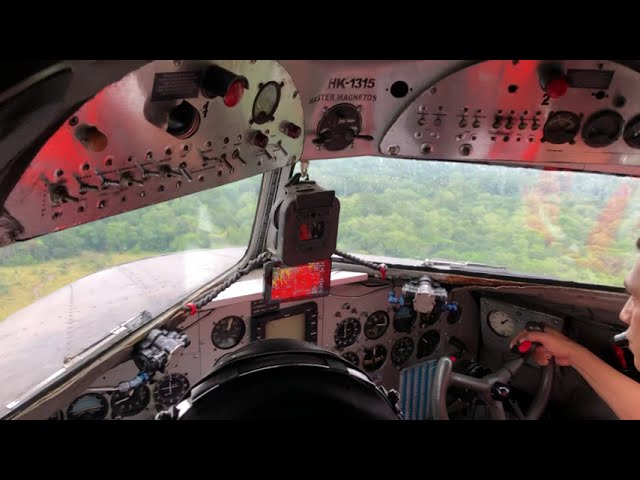 Last DC-3 on scheduled service: ALLAS taking off from Barranco Minas, Colombia - HK-1315 - cockpit!